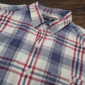 Vintage‎ Polo Sport Ralph Lauren Mens Large Red Blue Linen Blend Button Up Shirt